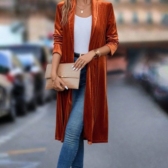 Burnt Orange Casual Womens Shawl Collar Open Front Velvet Coat - Picture 6 of 6